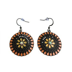 Boho Antique Gold  Floral Disk Drop Earrings